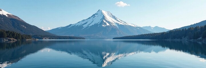 The calm lake's surface mirrors the majestic snow-capped peak, calm, lake
