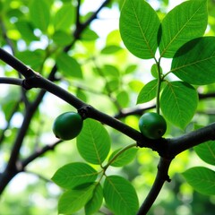 Dark green leafy branches on a tamarind tree branch, shrubs, botanicals, woody branches