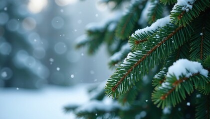 White snowflakes gently fall on dark green fir branches, peaceful, nature, cold