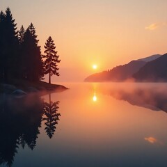 Obraz premium A serene orange and water lake scene at dawn, with misty fog rising from the surface, mist, dawn