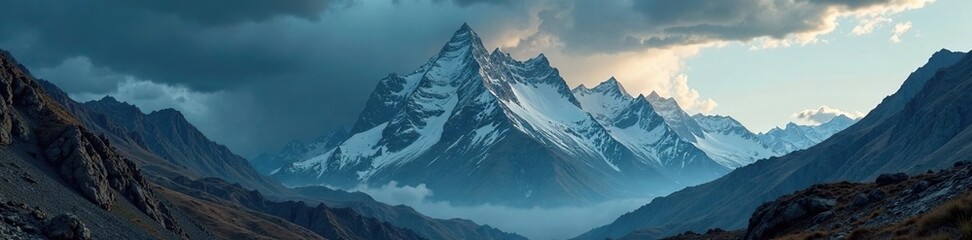 Obraz premium Majestic mountain range amidst a swirling storm, mountains, rugged
