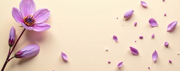 Beige background with scattered purple broken pion flower petals and stem, petal, stem, delicate