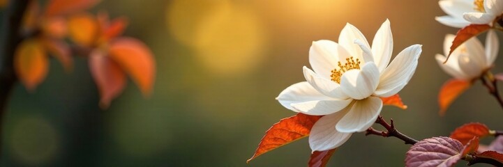 Obraz premium Delicate white petals unfolding in autumn leaves, floral motifs, trees, blossoms