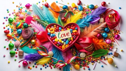 Obraz premium Macro Heart: Sweet Love Note, Ribbons, Feathers, Candy & Tinsel - Congratulations