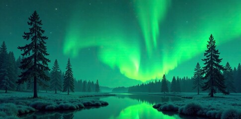 Emerald green treetops bathed in soft luminescent glow, peaceful, natural wonder, aurora borealis