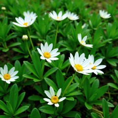 Obraz premium Pure white flowers sit among the foliage of a serene landscape, nature, plants, foliage