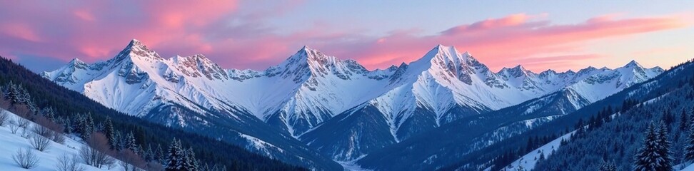 Obraz premium Snowy peaks of Caucasus mountain range at dusk, winter landscape, valley