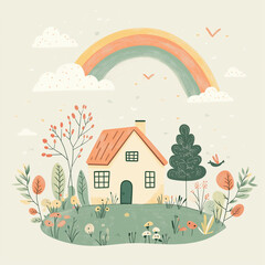 A simple pastel illustration of a small cozy home with a garden