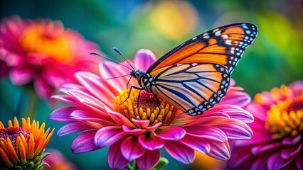 Fototapeta premium Macro Photography: Butterfly on Flower - Delicate Wings, Vibrant Petals