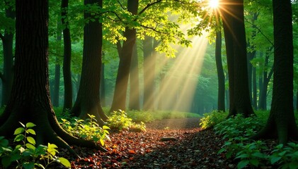 Fototapeta premium Forest floor bathed in soft sunlight filtering through dense beech tree foliage, dappled light, sunlit woods