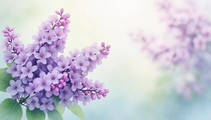 Fototapeta premium Soft bouquet of purple lilacs with delicate petals on blurred pastel background with copy space