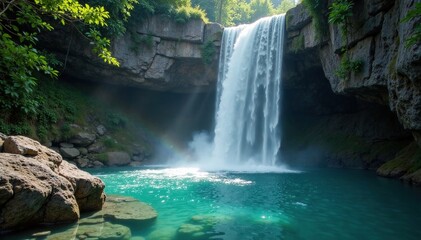 Fototapeta premium Misty veils fall from crystal clear water, cascading down ancient stone, mist, nature