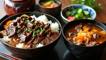 Savory Beef Donburi Bowl with Rice and Vegetables Surrounded by Colorful Sides