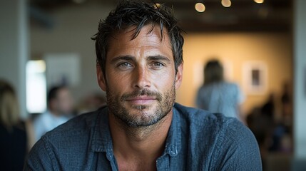 Obraz premium Portrait of a handsome man with stubble, looking directly at the camera.