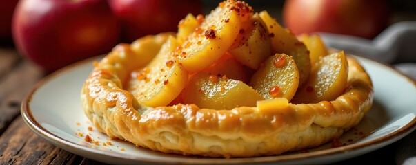 Flaky pastry topped with tender, slow-cooked apples and a hint of cinnamon, warm_dessert, baked_apple, caramelized_top