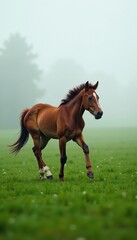 Fototapeta premium Foal frolics on green pasture amidst foggy morning, fog, horse, grass