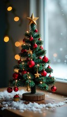 Small Christmas tree on a tabletop decorated with ornaments, decorations, winter, miniature