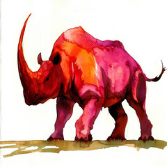 watercolor illustration of rhinoceros, showcasing rich shades of pink and orange. artistic strokes...