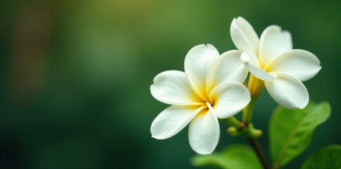 Fototapeta premium Dainty white petals with bright yellow centers and green stems, flowers, gardenia, delicate