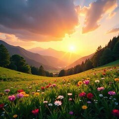 Fototapeta premium Softly glowing sunset over serene meadow landscape with wildflowers and trees, tranquility, peaceful, mountains