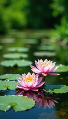 Water lilies blooming on river surface with soapwort plant in background, greenery, summer, landscape