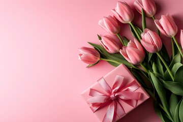Fototapeta premium Mother's Day concept. Top view photo of stylish pink giftbox with ribbon bow and bouquet of tulips on isolated pastel pink background with copyspace