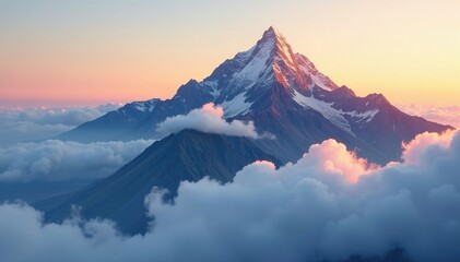 Majestic mountain summit shrouded in misty clouds at golden hour, majestic, clouds, natural