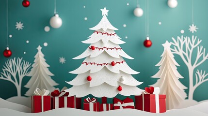 Fototapeta premium Paper-cut Christmas tree with intricate detailing, presents at its base, and a snow-covered forest backdrop.