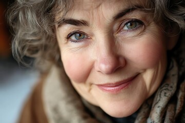 Close-up of smiling senior woman with grey hair showing happiness and confidence