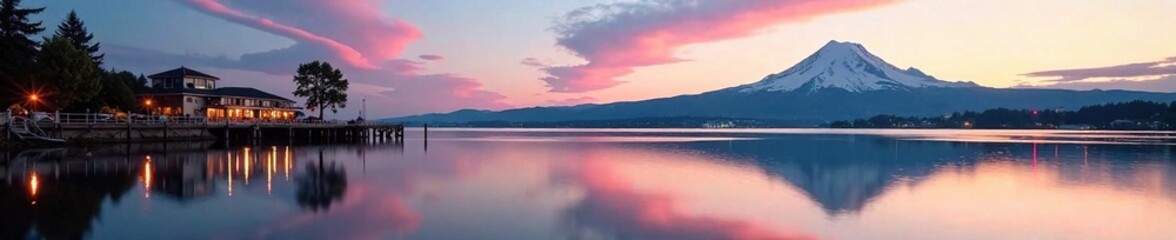 Fototapeta premium Reflection of Mount Rainier on calm Tacoma Waterfront at dawn, serene landscape, waterfront