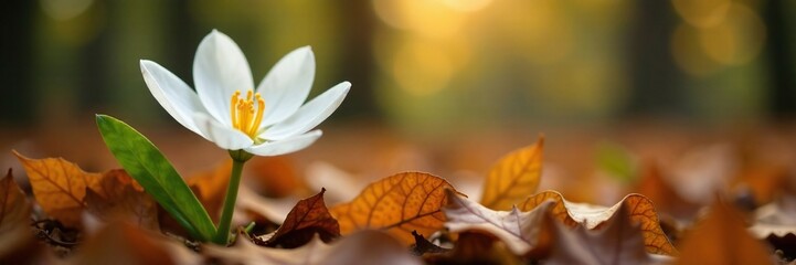 Delicate white petals unfolding in autumn leaves, woodland scene, white flowers, flowers of autumn