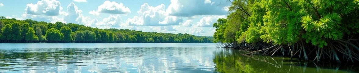 Dense mangrove forest along the shoreline of the Strait of Magdalena River, trees, shore, nature
