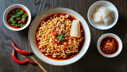 Spicy Dandan Noodle Dish with Toppings and Ingredients on Wooden Table