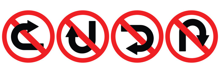 Prohibition traffic road sign. Do not go this way icon collection. Road traffic red prohibitory sign icon. No entry, No U-turn, no turning symbol. Vector Illustration. 