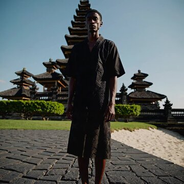 African Man in traditional black attire standing confidently in front of ornate Balinese temple architecture