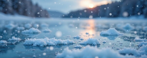Frosty snowflakes gently falling on a frozen lake, ice, peaceful