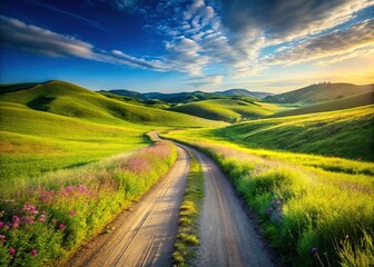 Naklejka premium Scenic Dirt Road Winding Between Rolling Hills - Countryside Landscape