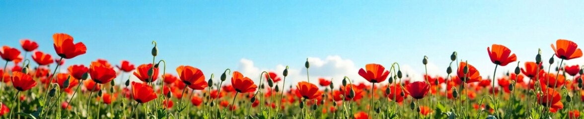 Fototapeta premium a bed of red poppies against a clear blue sky, garden, fields