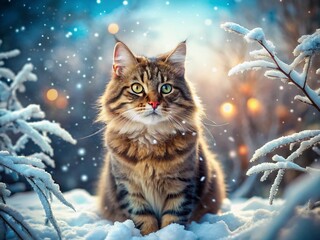 Magical Winter Cat Portrait: Snowfall Landscape Serenity