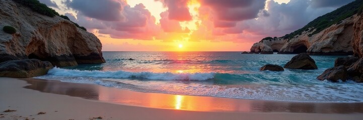 Fototapeta premium Cala turba de almeja dorada en la playa al atardecer, paisaje, atardecer