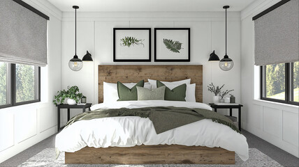 Luxury modern farmhouse bedroom with green accents, contemporary interior design