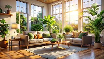 Serene Living Room Oasis: Sunlight Streaming Through Large Window