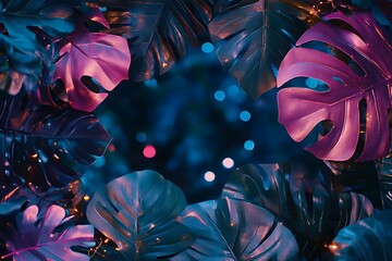 Obraz premium Tropical monstera leaves creating a vibrant frame against a backdrop of shimmering neon lights