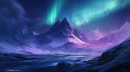 Scenic view of Kirkjufell Mountain under the aurora borealis, with snow-capped peaks and shimmering waters.