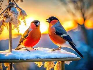 Obraz premium Silhouette of Bullfinch Pair at Feeder, Sunny Winter Norway