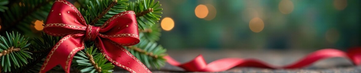 Red and gold ribbon wrapped around a wooden tree topper, branch, twig, foliage