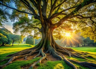 Majestic Big Root Tree in Lush Green Park - High-Resolution Stock Photo