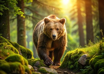 Fototapeta premium Majestic Brown Bear Walking Through Lush Green Forest - Wildlife Stock Photo