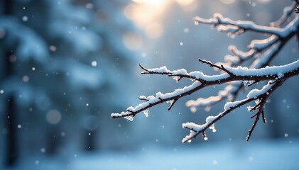 Softly falling snowflakes gently kiss the bare tree branch, bare branches, winter wonderland, quiet