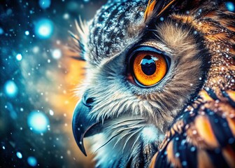 Snowfall Owl Eye Close-up: Majestic Winter Raptor Portrait